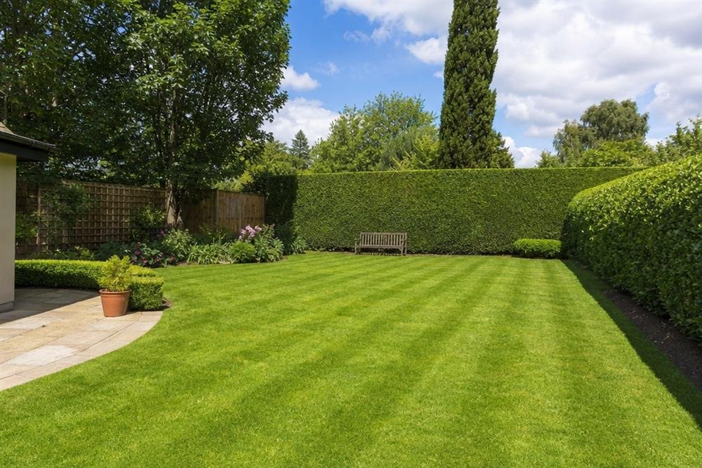 Freshly mown lawn and neatly trimmed hedges in a back garden