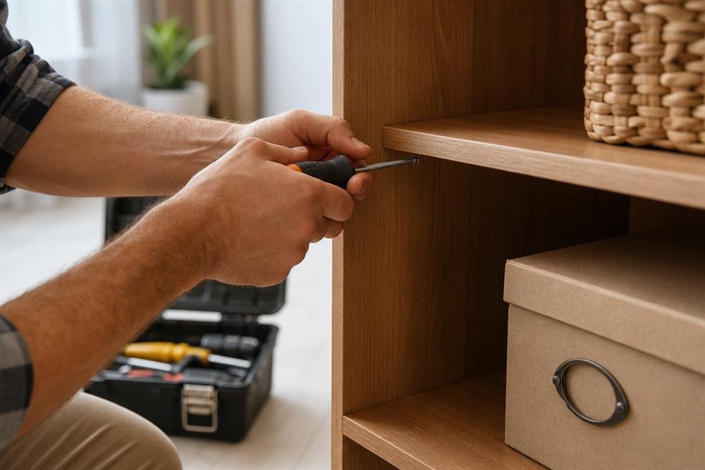 Handyman fixing a wooden shelf with a screwdriver