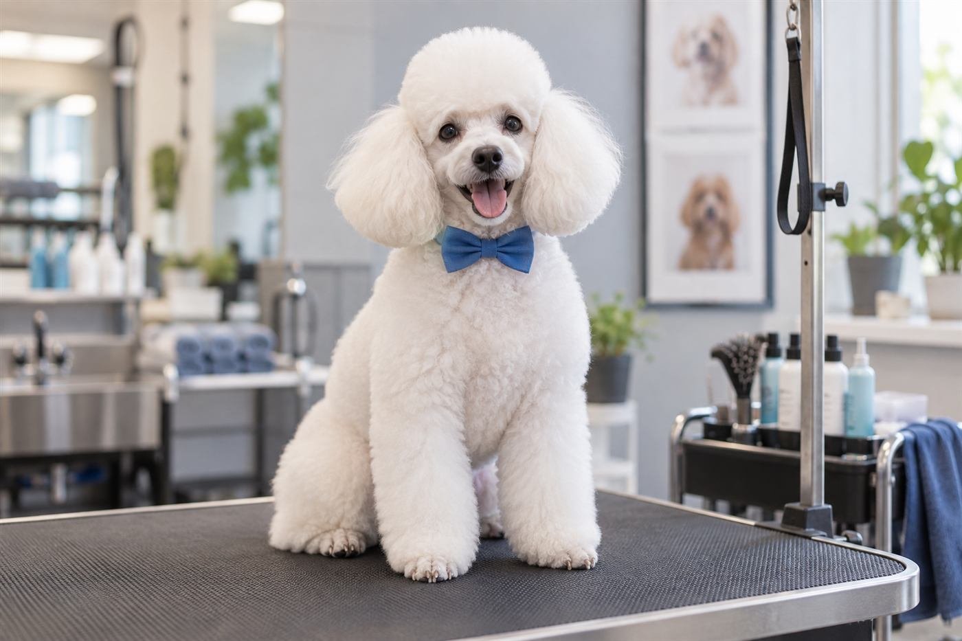 Freshly groomed poodle wearing a blue bow tie