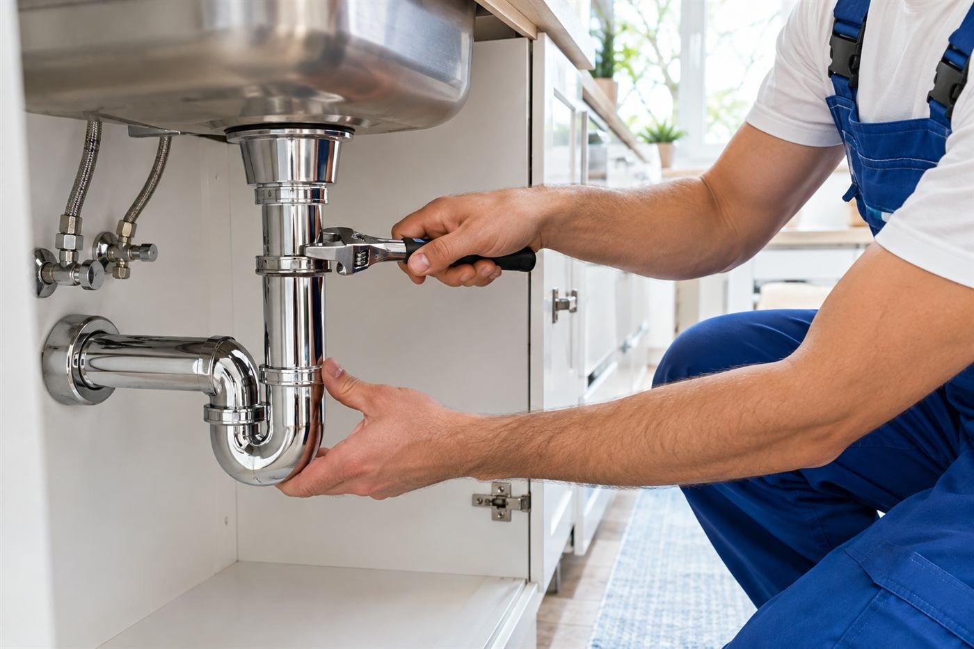 Plumber fitting a chrome pipe fitting under a kitchen sink