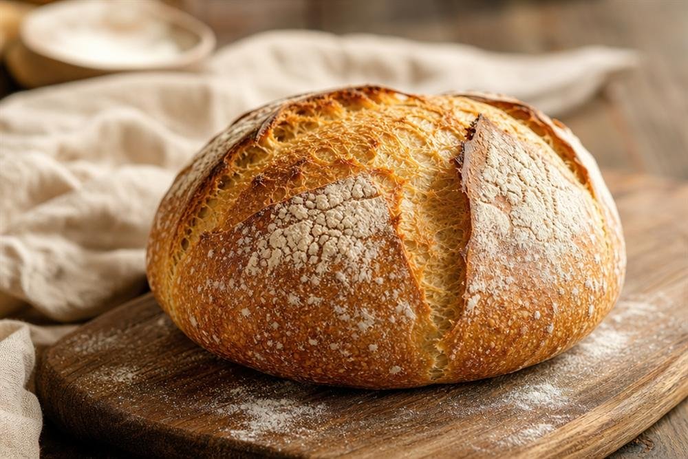 Freshly baked rustic sourdough loaf dusted with flour