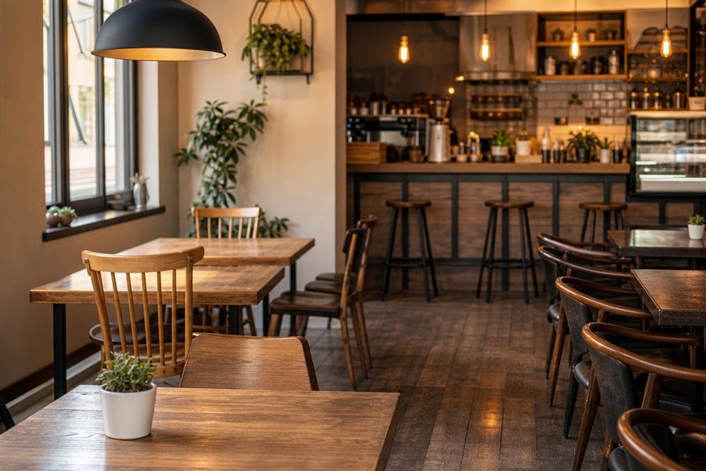 Cozy café interior with wooden tables and warm lighting