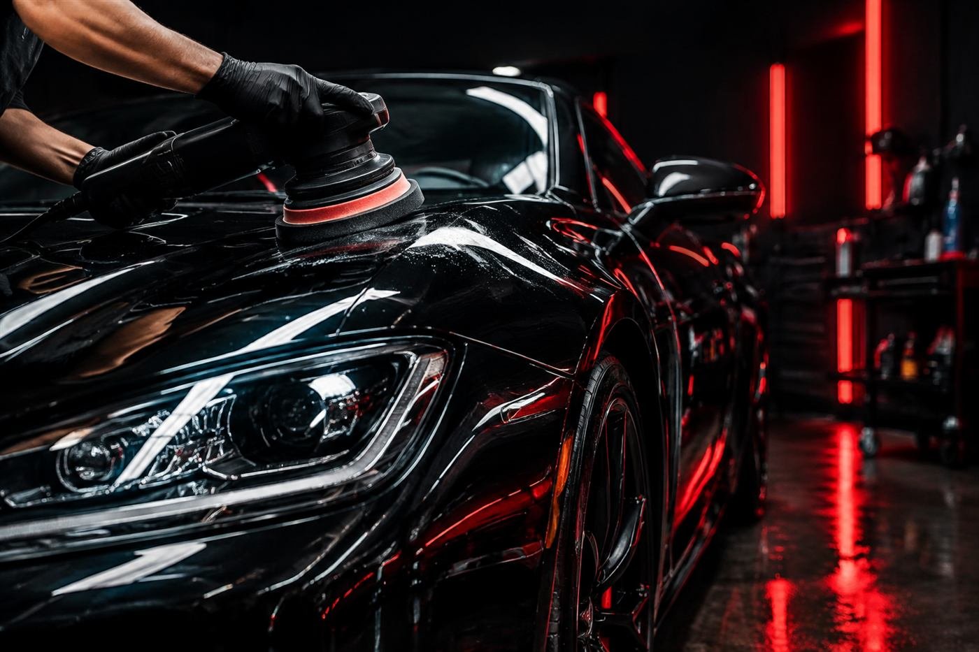 Glossy black car being hand-polished with red accent lighting