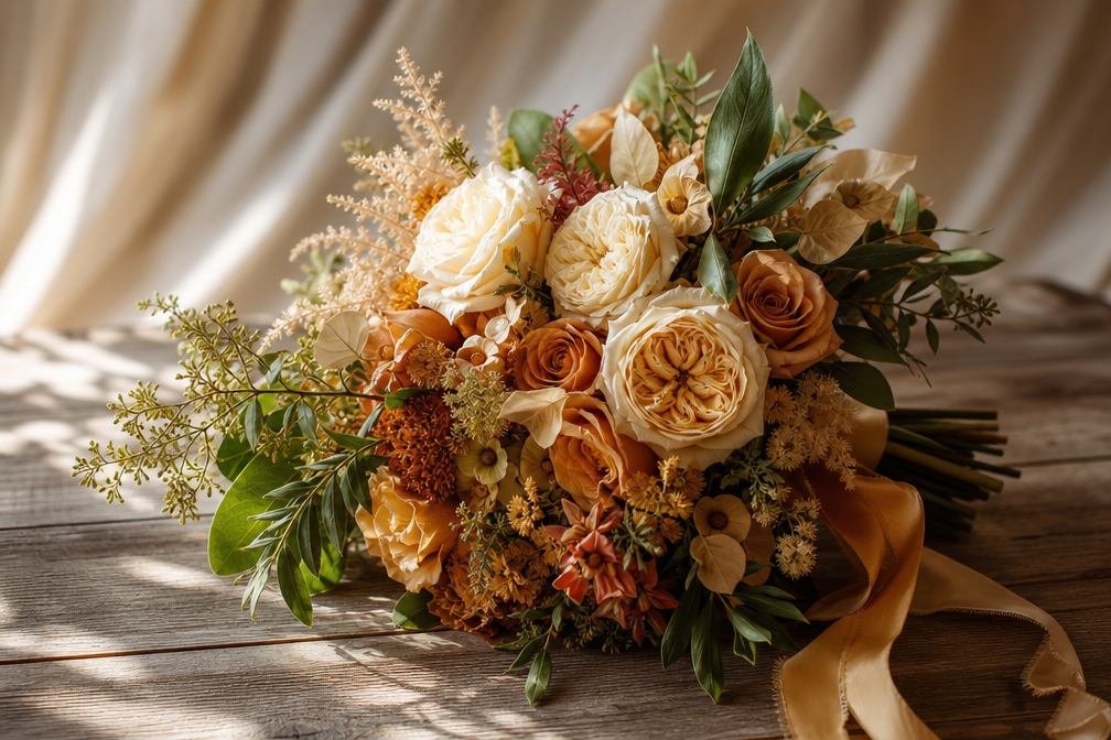 Elegant wedding bouquet in warm amber and gold tones